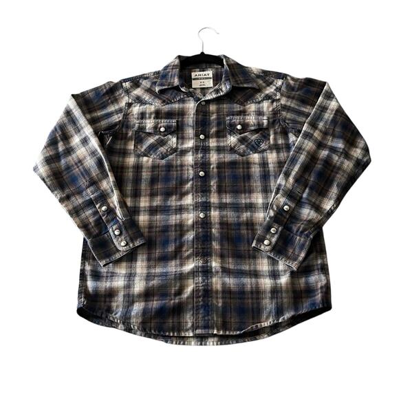 Ariat Men's Retro Fit Pearl Snap Western Shirt Brown Blue Plaid Cotton Size M - Picture 2 of 9